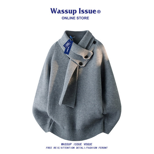 WASSUP ISSUE設計感圍巾領毛衣男款秋冬季潮牌慵懶風針織衫百搭男 WASSUP ISSUE設計感圍巾領毛衣男款秋冬季潮牌慵懶風針織衫百搭男