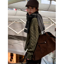 歐貨時髦洋氣減齡綠色麻花針織套頭毛衣女裝春秋美式新款內搭上衣