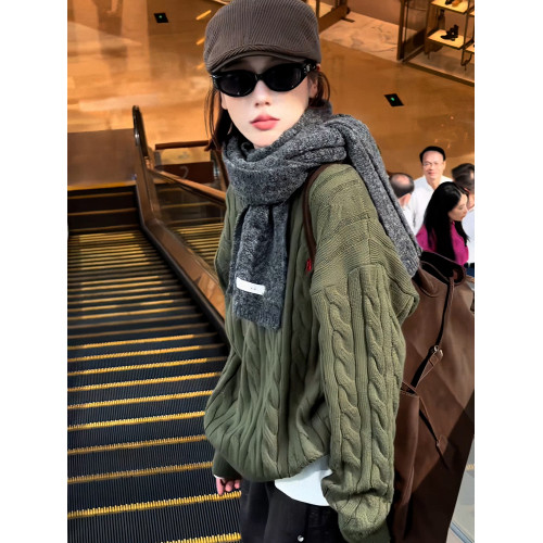 歐貨時髦洋氣減齡綠色麻花針織套頭毛衣女裝春秋美式新款內搭上衣