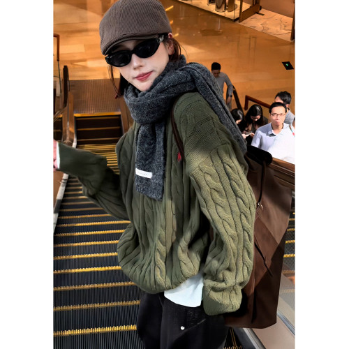 歐貨時髦洋氣減齡綠色麻花針織套頭毛衣女裝春秋美式新款內搭上衣
