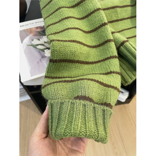 polo翻領綠色條紋套頭毛衣女秋冬寬松爆款外套加厚打底針織衫短款