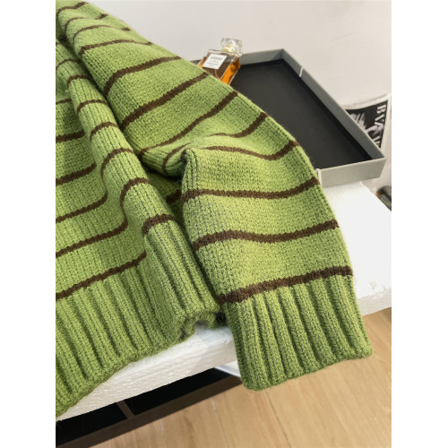 polo翻領綠色條紋套頭毛衣女秋冬寬松爆款外套加厚打底針織衫短款