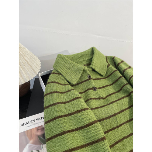 polo翻領綠色條紋套頭毛衣女秋冬寬松爆款外套加厚打底針織衫短款