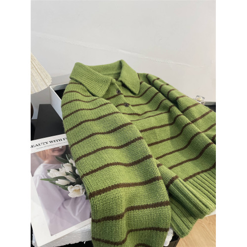 polo翻領綠色條紋套頭毛衣女秋冬寬松爆款外套加厚打底針織衫短款