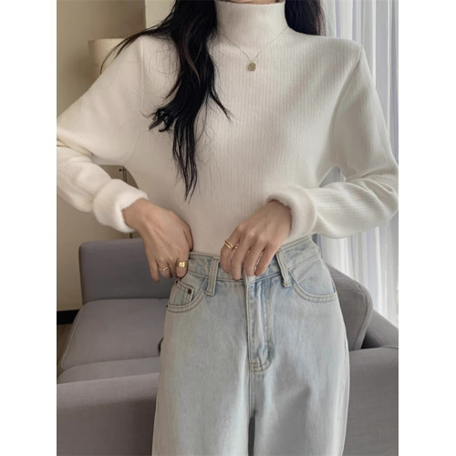 套頭秋冬毛衣女加絨加厚一體絨內搭半高領套頭打底針織衫保暖上衣