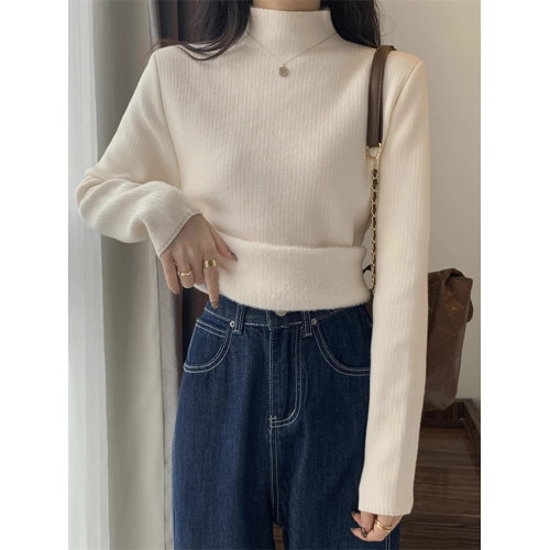 套頭秋冬毛衣女加絨加厚一體絨內搭半高領套頭打底針織衫保暖上衣