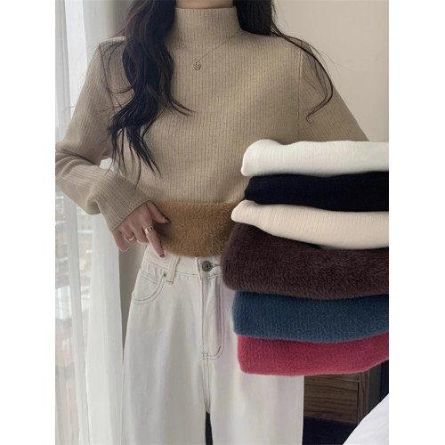 套頭秋冬毛衣女加絨加厚一體絨內搭半高領套頭打底針織衫保暖上衣