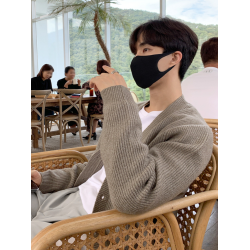 卡其色v領針織開衫男士秋冬高級慵懶風休閒寬松百搭純色毛衣外套