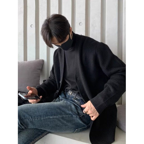 卡其色v領針織開衫男士秋冬高級慵嬾風休閒寬鬆百搭純色毛衣外套