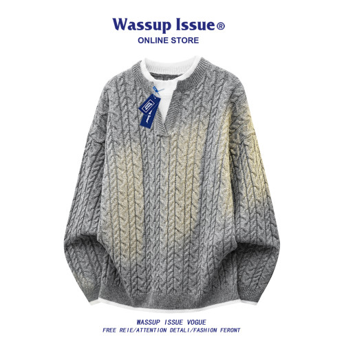 WASSUP ISSUE麻花紋針織衫男款秋冬季寬松慵懶風加絨加厚休閒毛衣 WASSUP ISSUE麻花紋針織衫男款秋冬季寬松慵懶風加絨加厚休閒毛衣