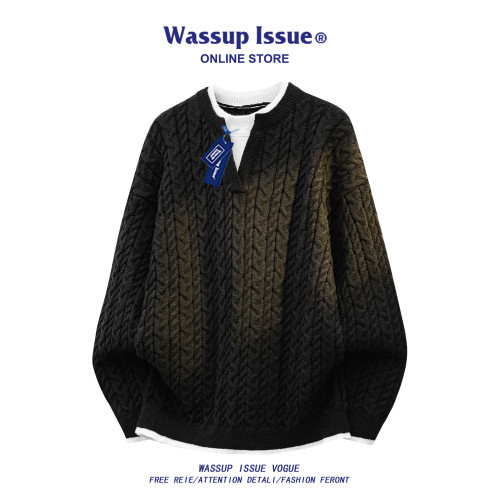 WASSUP ISSUE麻花紋針織衫男款秋冬季寬松慵懶風加絨加厚休閒毛衣 WASSUP ISSUE麻花紋針織衫男款秋冬季寬松慵懶風加絨加厚休閒毛衣