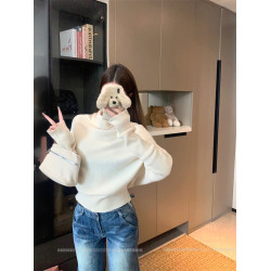 白色設計感小衆堆堆領蝙蝠袖毛衣針織衫女冬季韓系氣質打底衫上衣