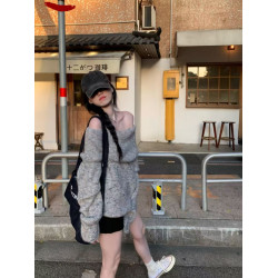 圈圈cooky 月光華爾玆 2025秋慵懶辣妹一字肩上衣花紗針織厚毛衣