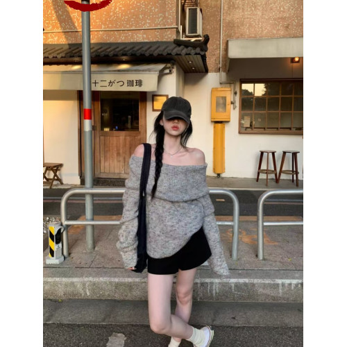 圈圈cooky 月光華爾玆 2025秋慵懶辣妹一字肩上衣花紗針織厚毛衣