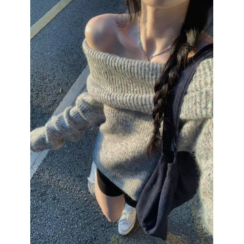 圈圈cooky 月光華爾玆 2025秋慵懶辣妹一字肩上衣花紗針織厚毛衣