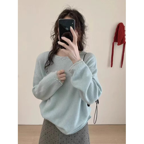 法式重工灰色釘珠仿羊毛針織打底衫女秋冬小香風毛衣內搭洋氣上衣