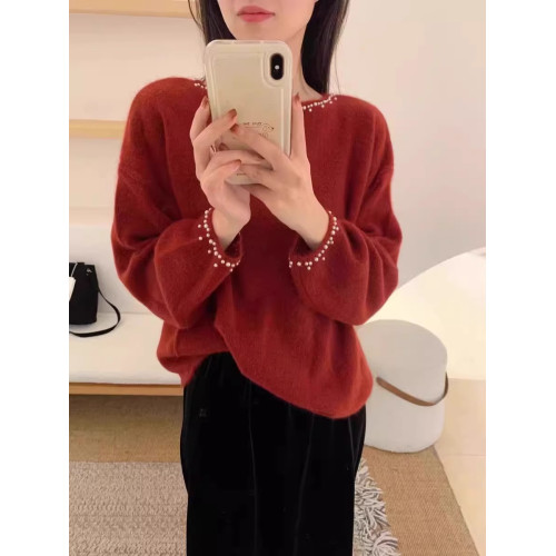 法式重工灰色釘珠仿羊毛針織打底衫女秋冬小香風毛衣內搭洋氣上衣