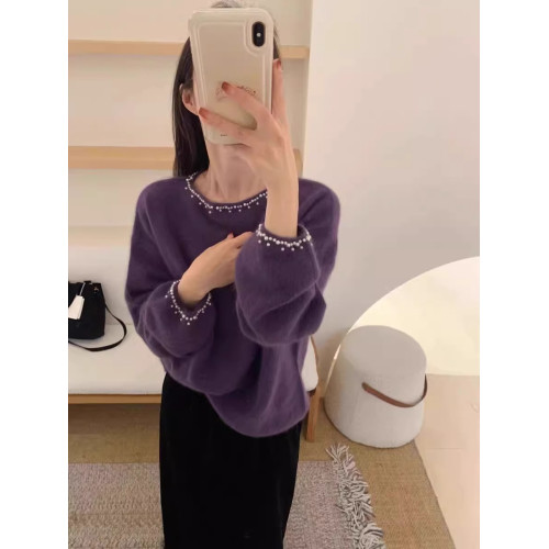 法式重工灰色釘珠仿羊毛針織打底衫女秋冬小香風毛衣內搭洋氣上衣