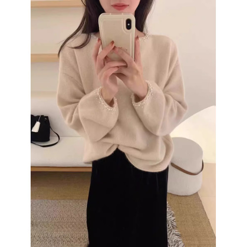 法式重工灰色釘珠仿羊毛針織打底衫女秋冬小香風毛衣內搭洋氣上衣