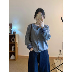 簡約時尚拼接格子單排釦針織開衫上衣女秋冬別致顯瘦毛衣打底外套