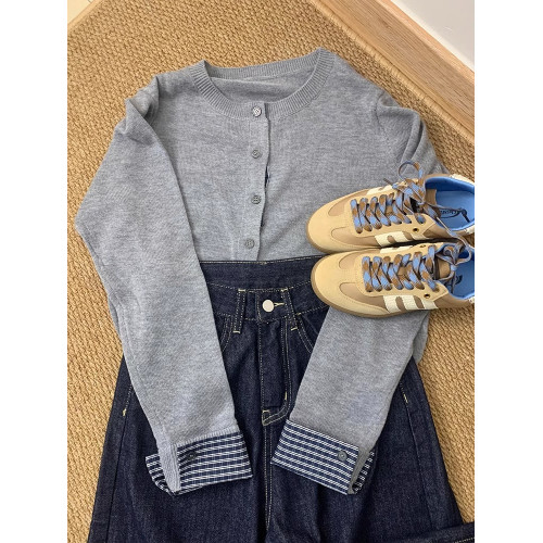 簡約時尚拼接格子單排釦針織開衫上衣女秋冬別致顯瘦毛衣打底外套