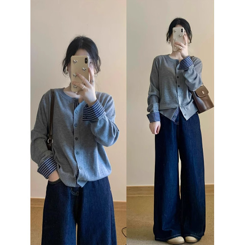 簡約時尚拼接格子單排釦針織開衫上衣女秋冬別致顯瘦毛衣打底外套