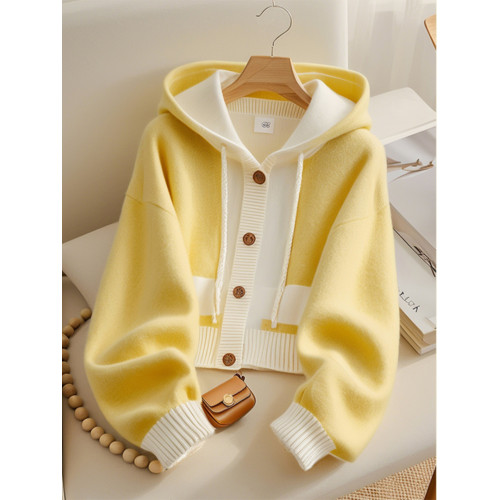 早秋穿搭寬松慵懶高級感上衣女新款獨特絕美超好看黃色連帽毛衣女