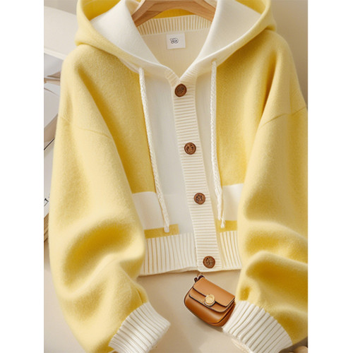 早秋穿搭寬松慵懶高級感上衣女新款獨特絕美超好看黃色連帽毛衣女