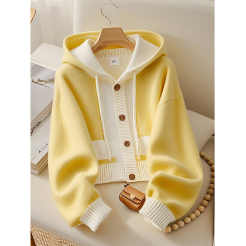 早秋穿搭寬松慵懶高級感上衣女新款獨特絕美超好看黃色連帽毛衣女