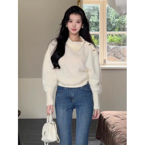 不規則翻領奶fufu軟糯毛衣女秋冬新款加厚慵懶風高級感針織衫上衣