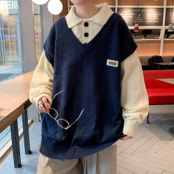 秋冬拼接假兩件毛衣男翻領潮牌韓版潮流青少年痞帥網紅加厚針織衫