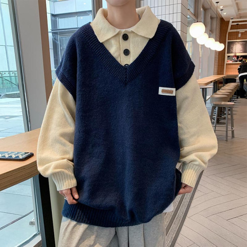 秋冬拼接假兩件毛衣男翻領潮牌韓版潮流青少年痞帥網紅加厚針織衫 秋冬拼接假兩件毛衣男翻領潮牌韓版潮流青少年痞帥網紅加厚針織衫