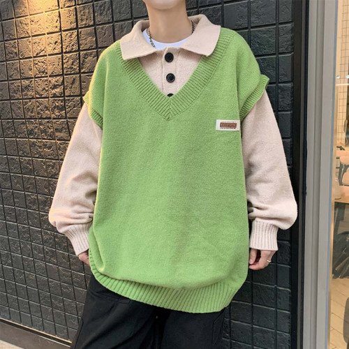 秋冬拼接假兩件毛衣男翻領潮牌韓版潮流青少年痞帥網紅加厚針織衫 秋冬拼接假兩件毛衣男翻領潮牌韓版潮流青少年痞帥網紅加厚針織衫