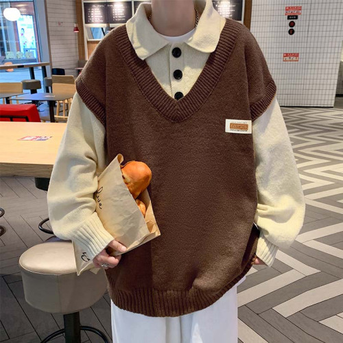 秋冬拼接假兩件毛衣男翻領潮牌韓版潮流青少年痞帥網紅加厚針織衫 秋冬拼接假兩件毛衣男翻領潮牌韓版潮流青少年痞帥網紅加厚針織衫