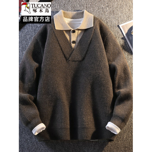 啄木鳥假兩件混紡毛衣男2025新款秋冬季襯衫領肌理感針織衫毛衫潮 啄木鳥假兩件混紡毛衣男2025新款秋冬季襯衫領肌理感針織衫毛衫潮