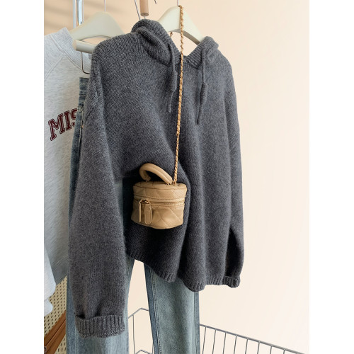 灰色浣熊絨連帽毛衣女秋冬季加厚慵懶風高級感帶帽針織衫衛衣帽衫