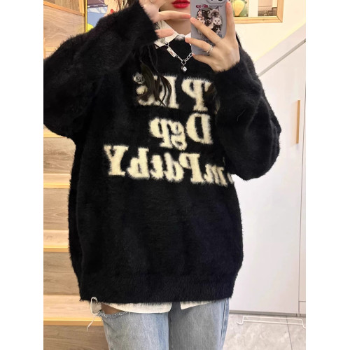 國潮美式字母印花水貂絨毛衣女秋冬加厚高街軟糯針織衫高級感上衣