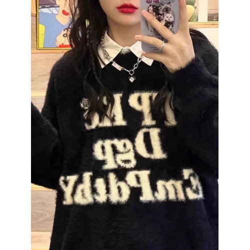 國潮美式字母印花水貂絨毛衣女秋冬加厚高街軟糯針織衫高級感上衣