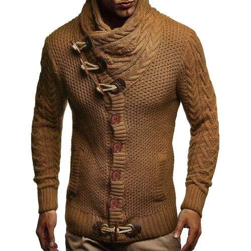 秋冬季個性潮流內搭毛線針織衫高領開衫堆堆領毛衣男粗線外套百搭