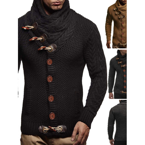 秋冬季個性潮流內搭毛線針織衫高領開衫堆堆領毛衣男粗線外套百搭