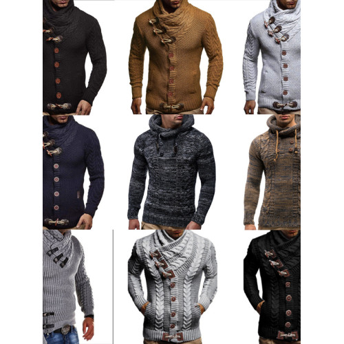 秋冬季個性潮流內搭毛線針織衫高領開衫堆堆領毛衣男粗線外套百搭