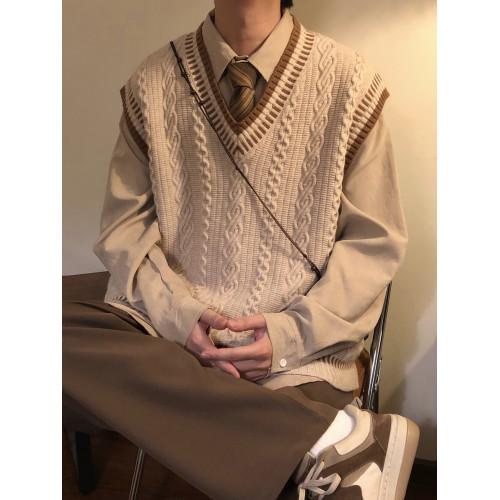 NAGAWL秋冬復古寬松日系學院風麻花條紋毛衣針織衫馬甲背心男女潮 NAGAWL秋冬復古寬松日系學院風麻花條紋毛衣針織衫馬甲背心男女潮