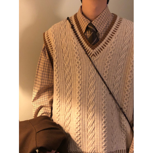 NAGAWL秋冬復古寬松日系學院風麻花條紋毛衣針織衫馬甲背心男女潮 NAGAWL秋冬復古寬松日系學院風麻花條紋毛衣針織衫馬甲背心男女潮