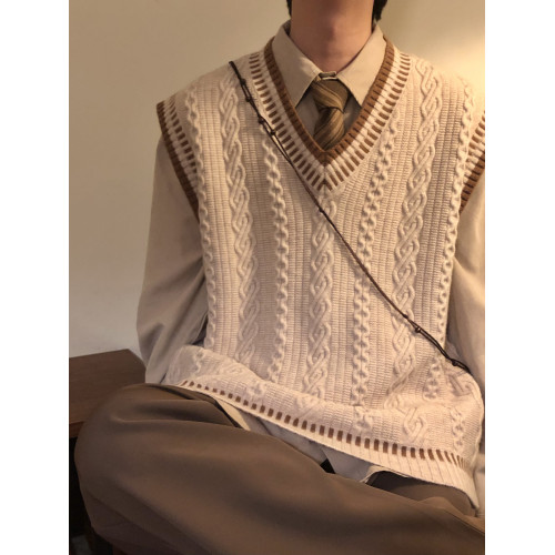 NAGAWL秋冬復古寬松日系學院風麻花條紋毛衣針織衫馬甲背心男女潮 NAGAWL秋冬復古寬松日系學院風麻花條紋毛衣針織衫馬甲背心男女潮