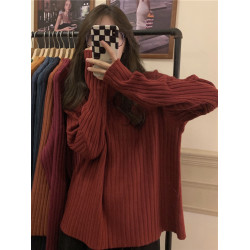 2025秋季純色半高領坑條設計感針織毛衣大碼女裝寬松顯瘦套頭上衣