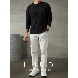 LUUD 輕奢氣質感亨利領黑色毛線衣男士麻花紋理高彈包芯紗針織衫