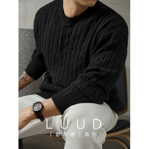 LUUD 輕奢氣質感亨利領黑色毛線衣男士麻花紋理高彈包芯紗針織衫 LUUD 輕奢氣質感亨利領黑色毛線衣男士麻花紋理高彈包芯紗針織衫