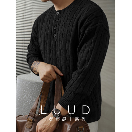 LUUD 輕奢氣質感亨利領黑色毛線衣男士麻花紋理高彈包芯紗針織衫 LUUD 輕奢氣質感亨利領黑色毛線衣男士麻花紋理高彈包芯紗針織衫