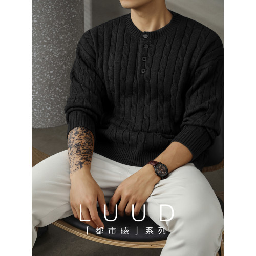 LUUD 輕奢氣質感亨利領黑色毛線衣男士麻花紋理高彈包芯紗針織衫 LUUD 輕奢氣質感亨利領黑色毛線衣男士麻花紋理高彈包芯紗針織衫