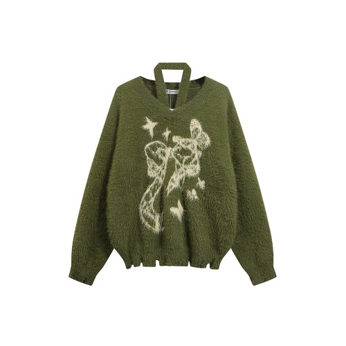 慵懶風復古露肩掛脖毛衣女秋冬新款寬松慵懶風仿貂絨針織衫上衣